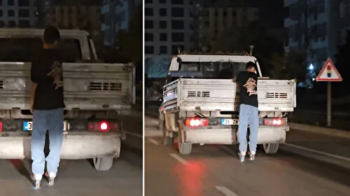 Patenle tehlikeli yolculuk: Kamyonetin arkasına tutunarak ilerledi